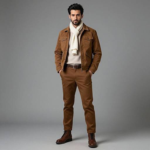 Man in Stylish Brown Suede Jacket and Scarf Autumn Fashion
