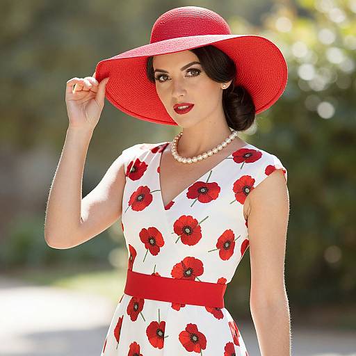 Vintage Style Woman in Red Hat and Poppy Floral Dress Outdoors