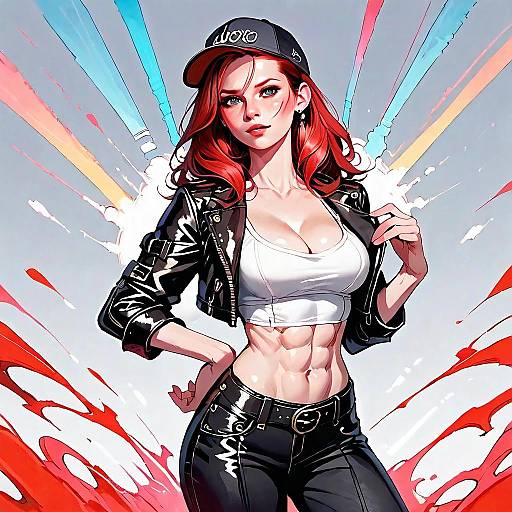 Stylish Red-Haired Woman in Black Leather Jacket Digital Art