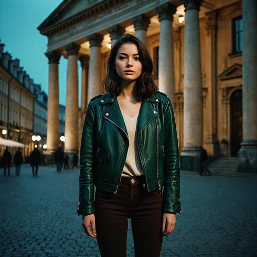 Young Woman in Leather Jacket by Neoclassical Columns at Twilight