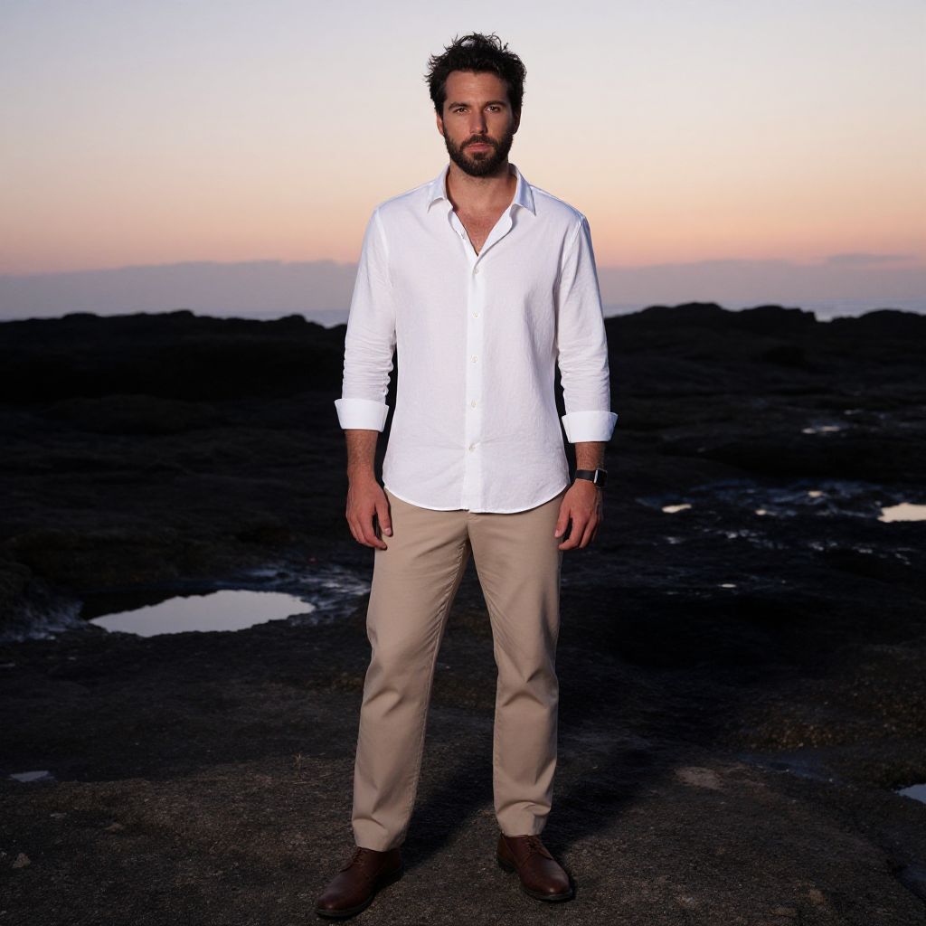 Man in White Shirt and Beige Pants Standing on Rocky Beach at Sunset
