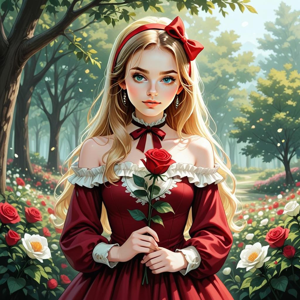 Young Woman in Red Dress Holding Rose in Enchanted Garden Digital Art