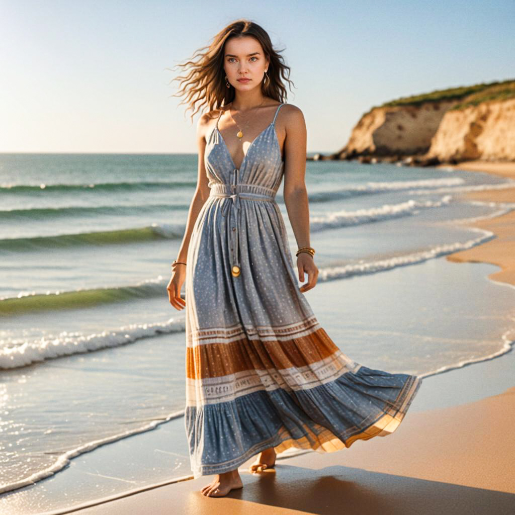 Woman in Elegant Summer Dress on Beach