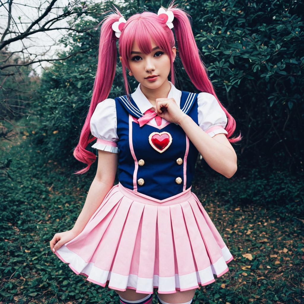 Pink Twin-Tail Anime Schoolgirl Cosplay with Heart Emblem Outdoors