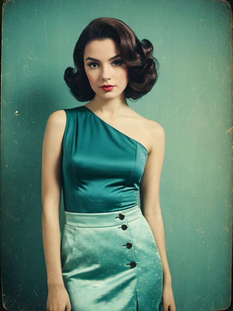 Vintage Style Portrait of Woman in Teal One-Shoulder Satin Dress