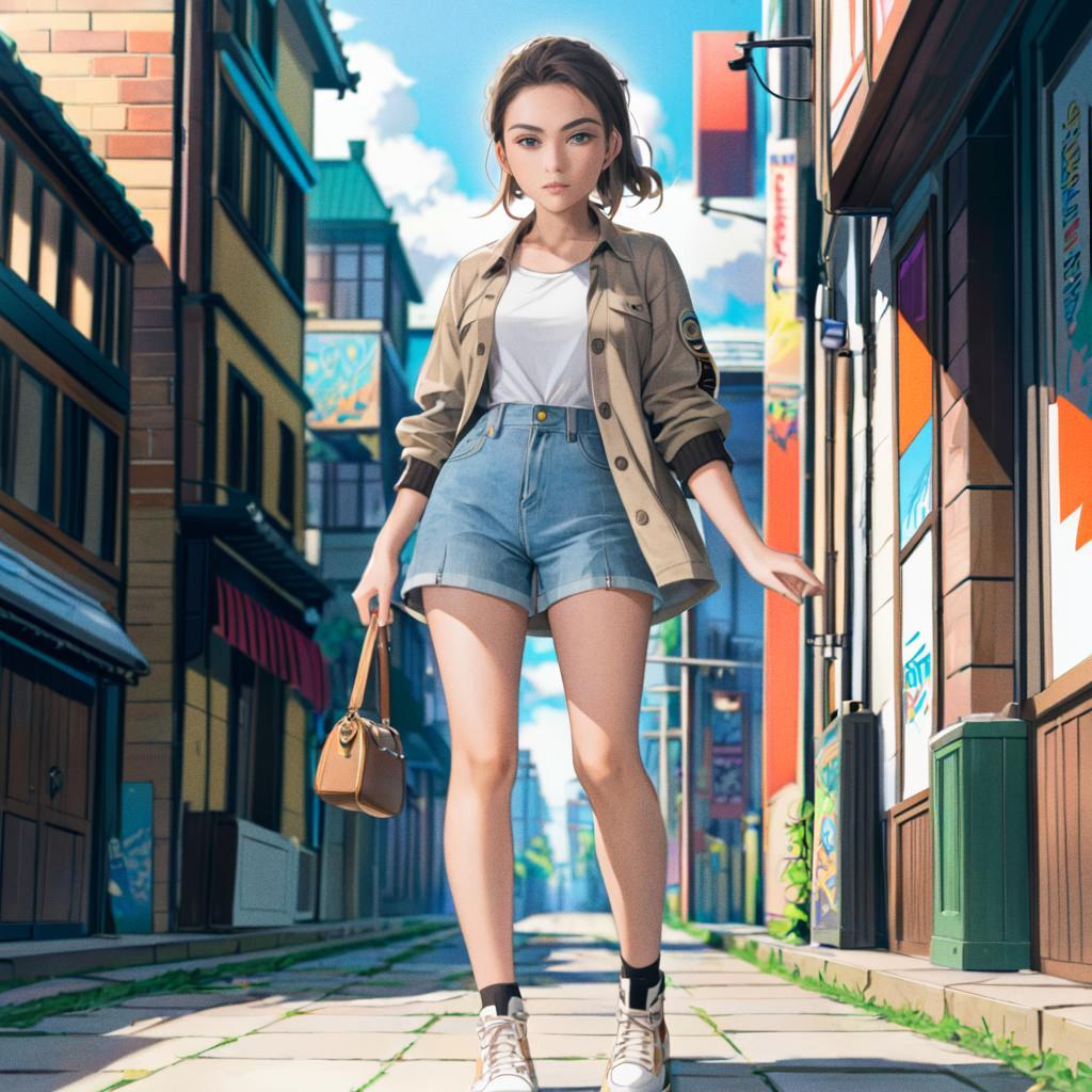 Anime-style woman walking in a sunny street