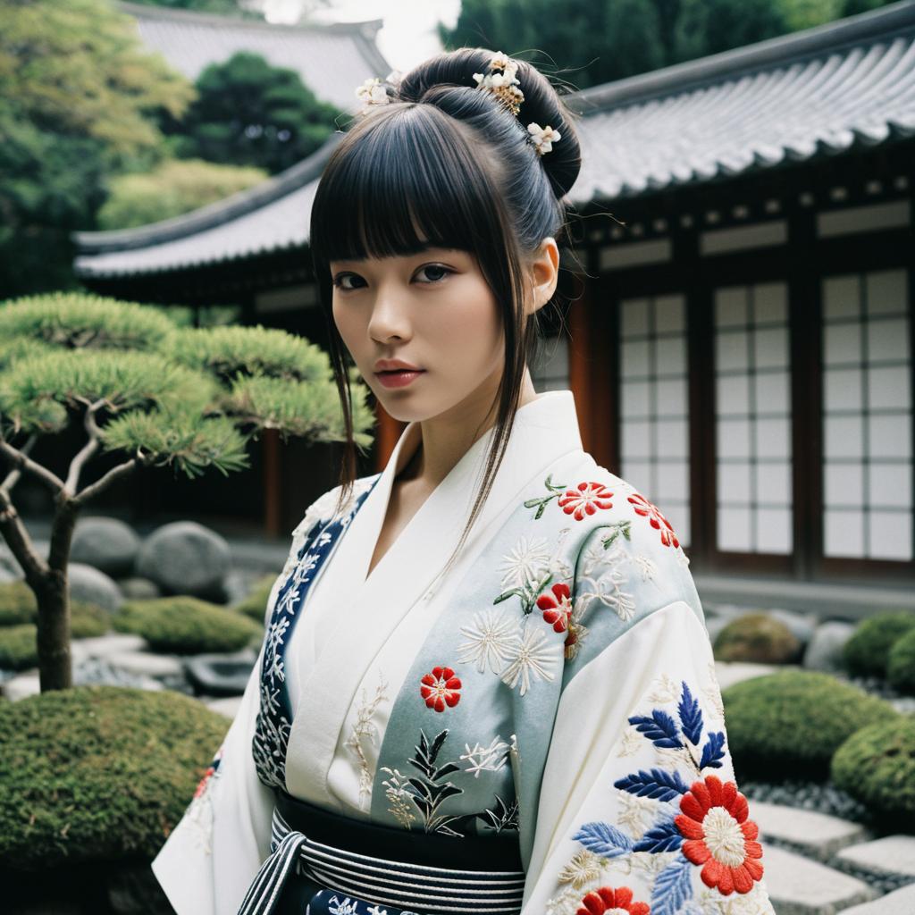 Elegant Woman in Traditional Japanese Kimono in Serene Garden