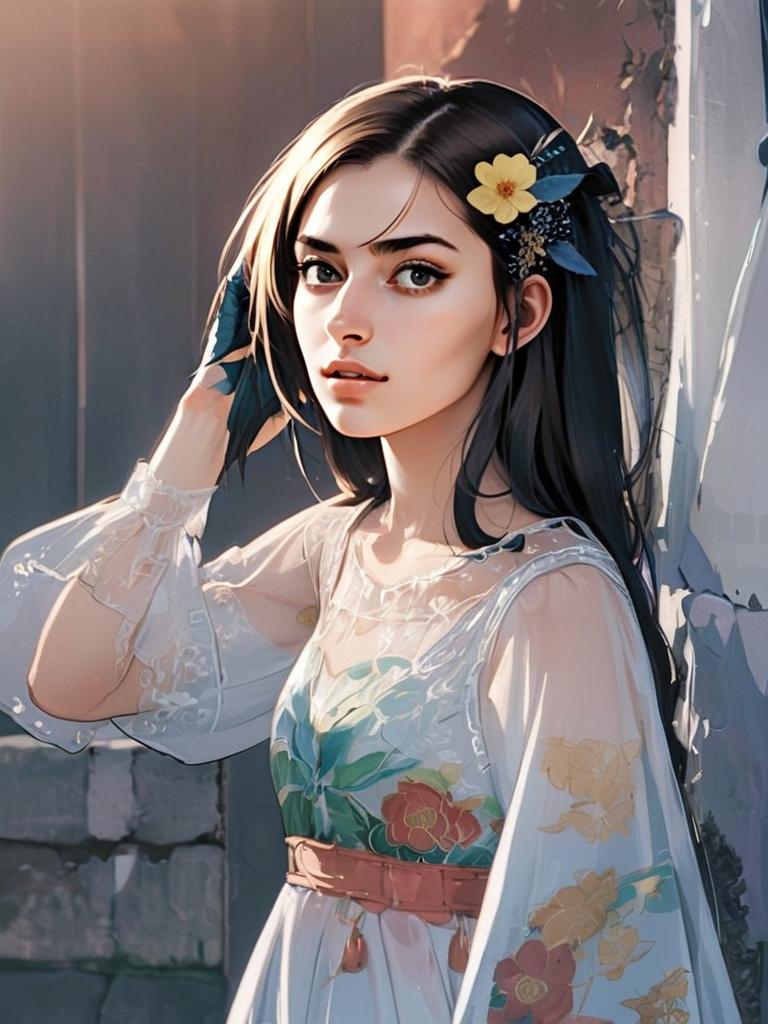 Digital Art Portrait of Young Woman in Floral Dress with Yellow Flower