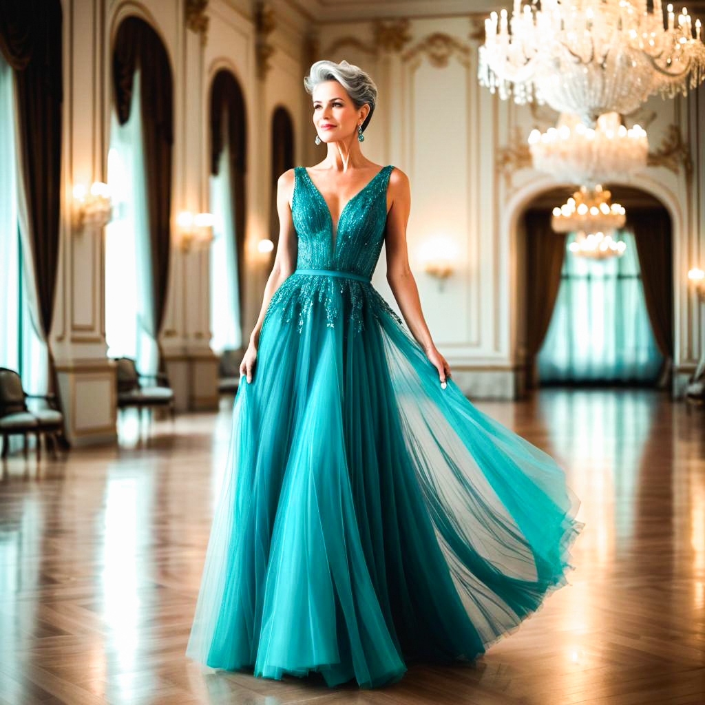 Elegant Woman in Teal Gown in Opulent Interior