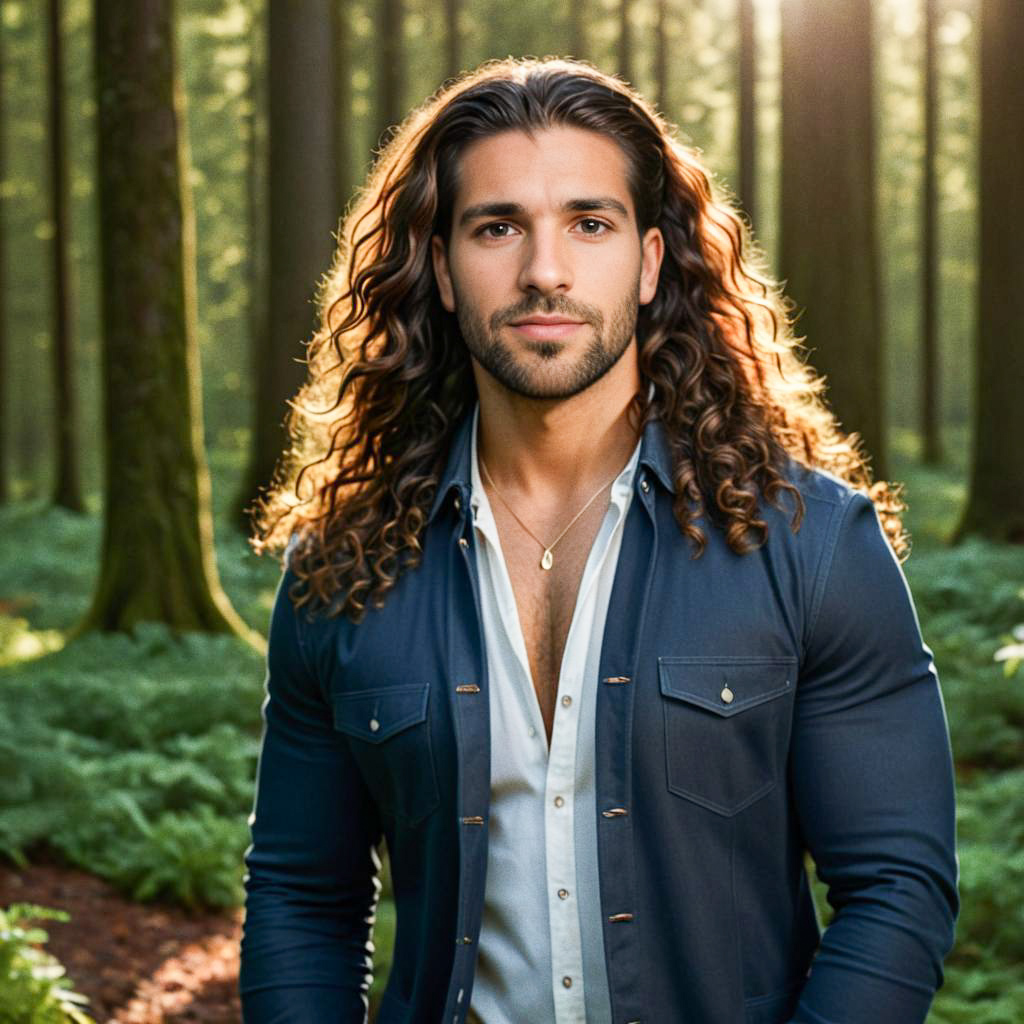 Handsome Man in Forest with Curly Hair