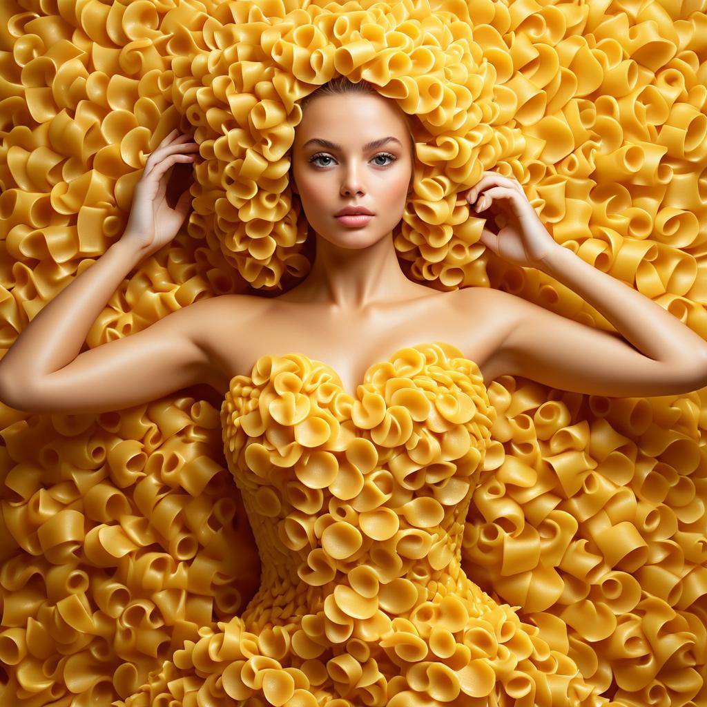 Woman in Pasta Dress Against Yellow Background