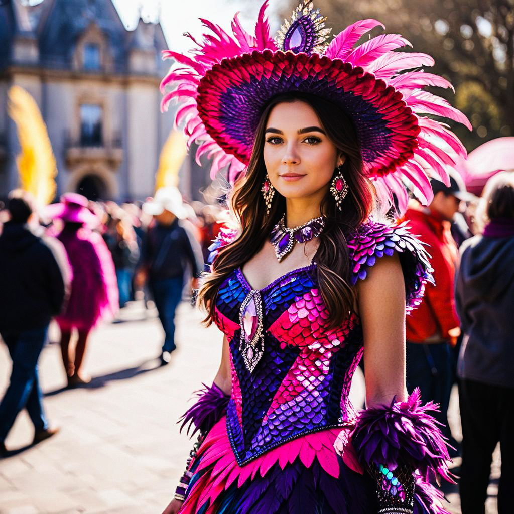 Woman in Vibrant Feather Costume at Outdoor Event