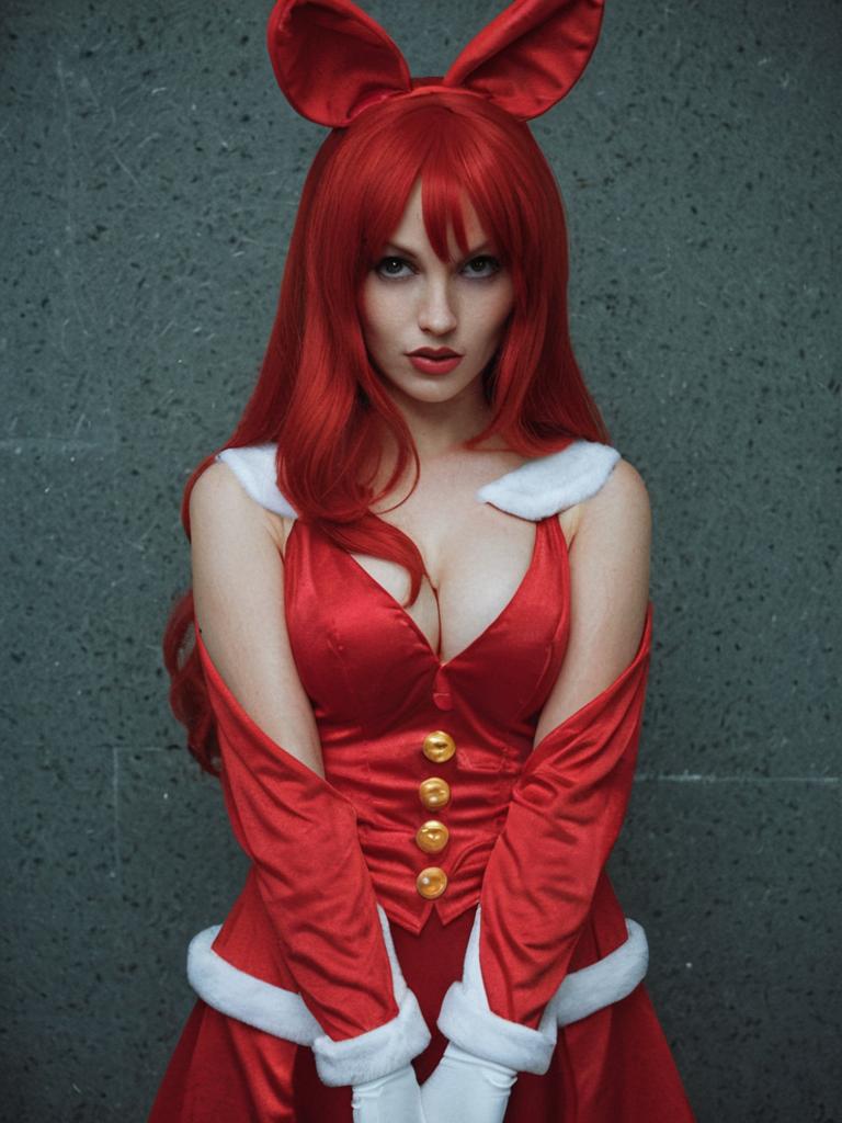 Woman in Red Bunny Costume with Gold Buttons and White Fur Trim