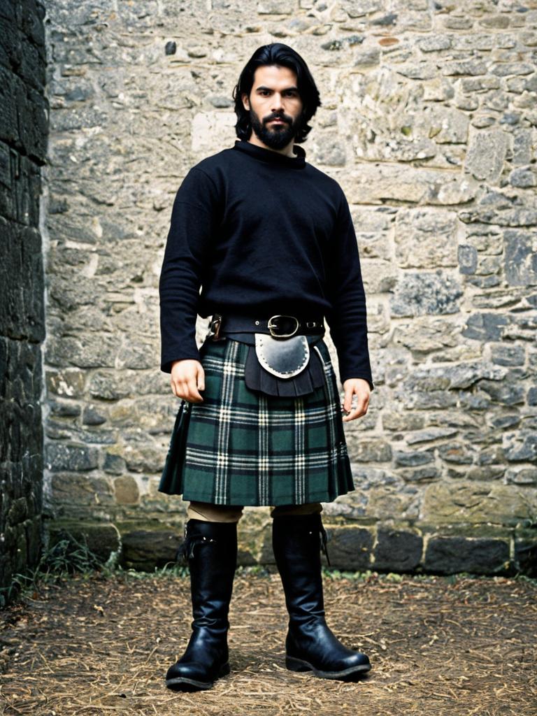 Man Wearing Medieval Green Tartan Kilt Costume with Black Boots