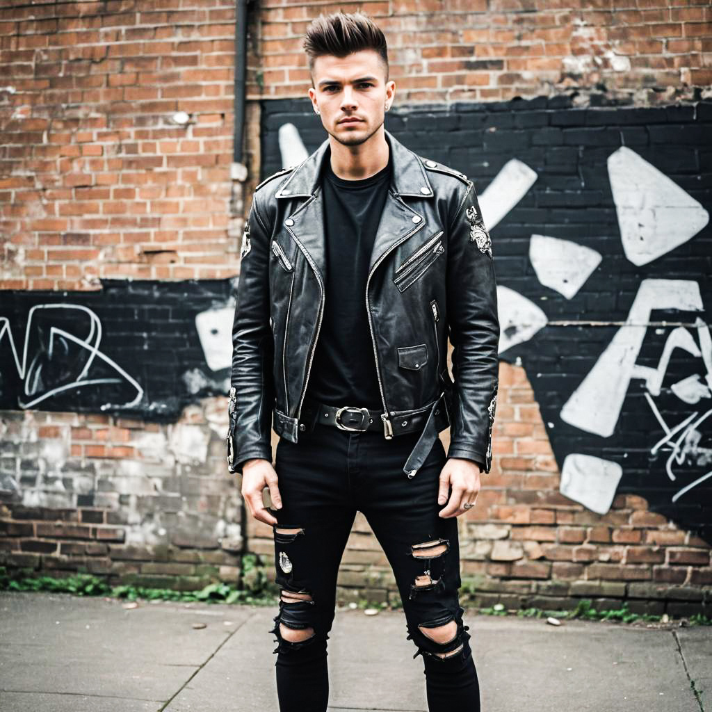 Stylish Young Man in Leather Jacket Against Urban Graffiti