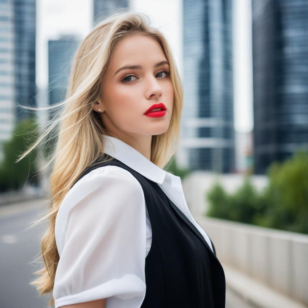 Portrait of Confident Blonde Woman in City with Modern Skyscrapers