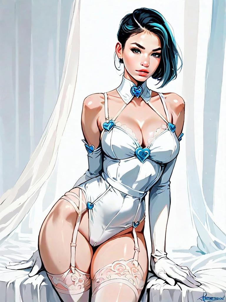 Realistic Romantic Woman in White Satin Teddy with Blue Hearts