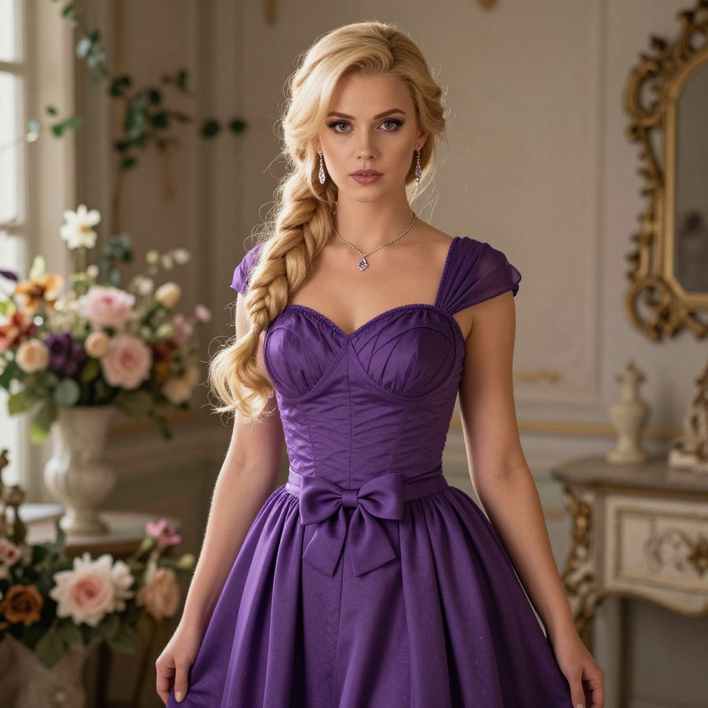 Elegant Woman in Purple Vintage Dress with Braid Hairstyle in Classic Interior