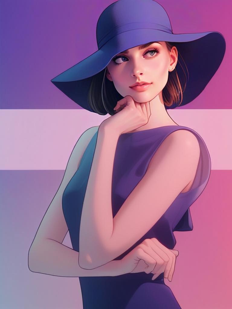 Elegant Woman in Purple Dress and Wide-Brimmed Hat