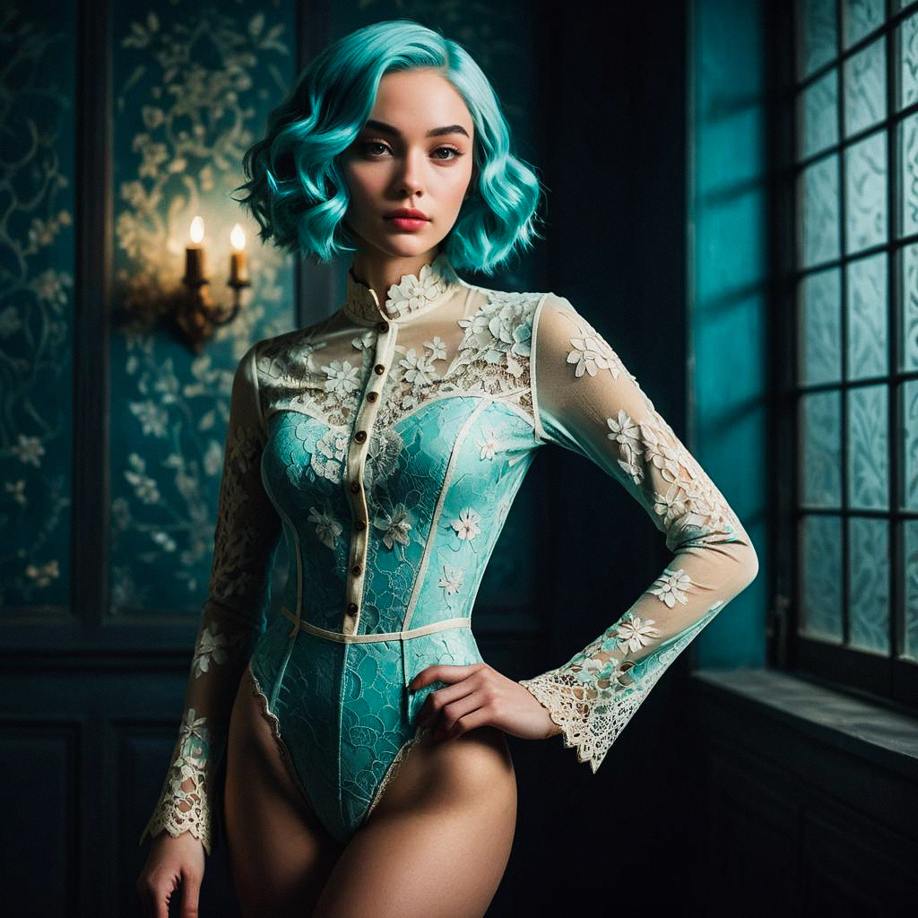 Confident Woman in Vintage Lace Bodysuit with Teal Hair