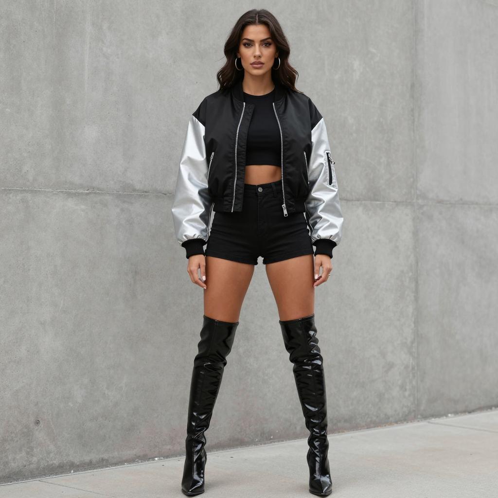Gen Z Fashion Woman in Black and Silver Bomber Jacket and Over-the-Knee Boots