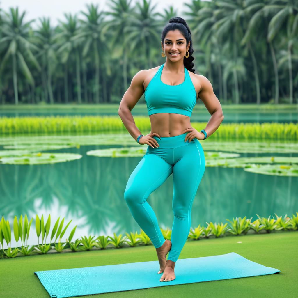 Fit Woman on Yoga Mat by Tropical Lake