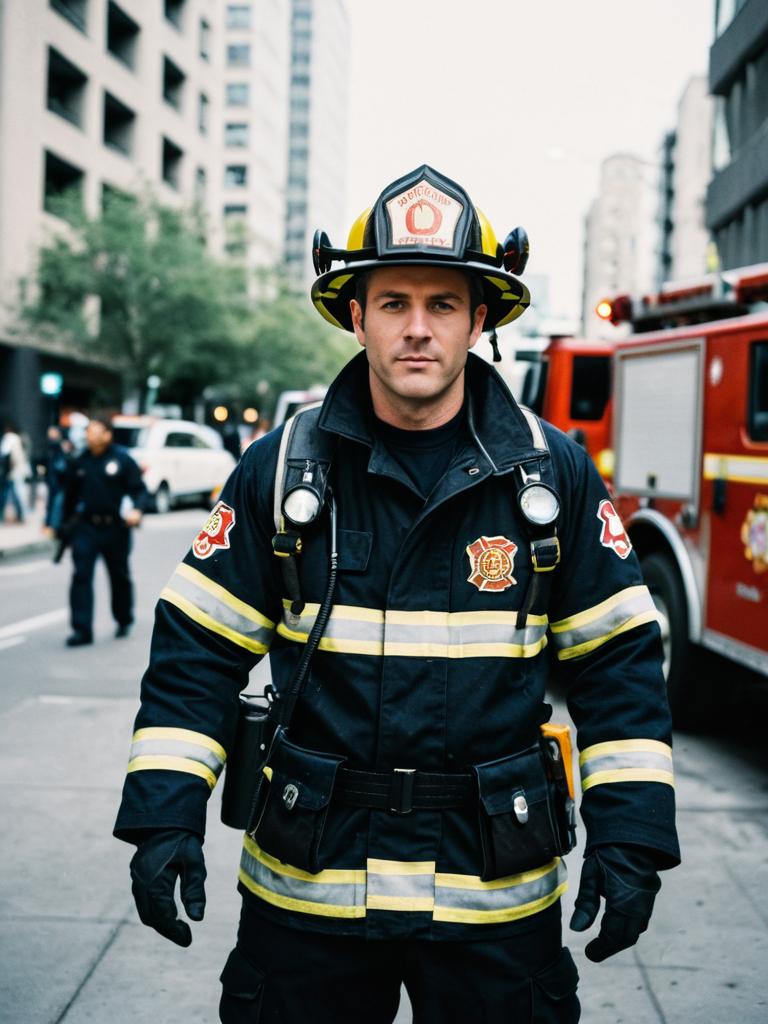 Man in Firefighter Costume Waist Up Cosplay Photo Outdoors in Urban Street