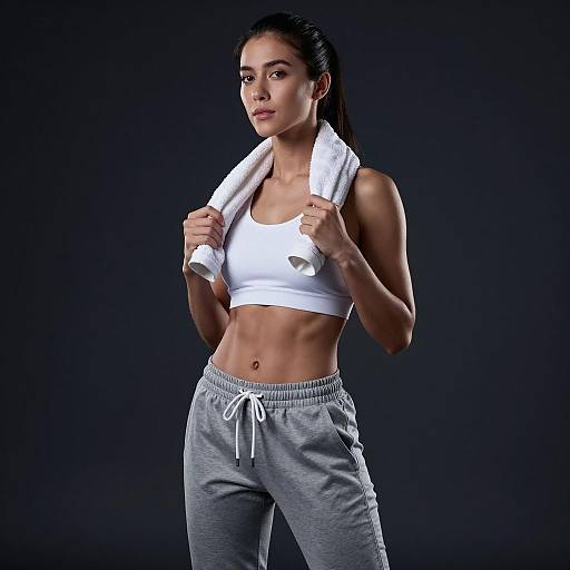Fit Woman with Towel in Sportswear Showing Toned Abs