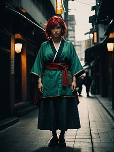 Red-Haired Woman in Mina Ashido Inspired Full-Body Hero Costume in Urban Alley
