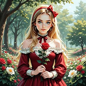 Young Woman in Red Dress Holding Rose in Enchanted Garden Digital Art