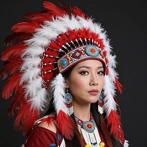 Woman Wearing Red and White Native American Headdress with Beaded Accessories