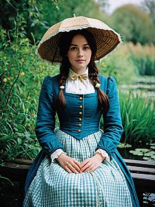 Realistic Monet-Inspired Cosplay Woman in Vintage Costume with Straw Hat