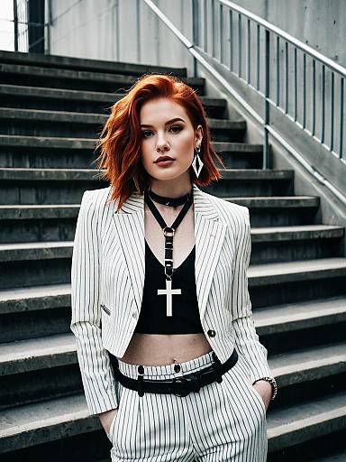 Confident Red-Haired Woman in Pinstriped Suit with Cross Necklace