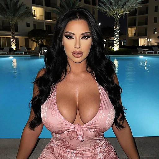 Glamorous Woman by Nighttime Pool in Pink Dress