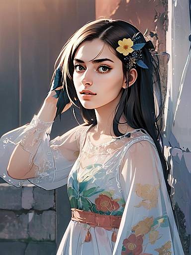 Digital Art Portrait of Young Woman in Floral Dress with Yellow Flower