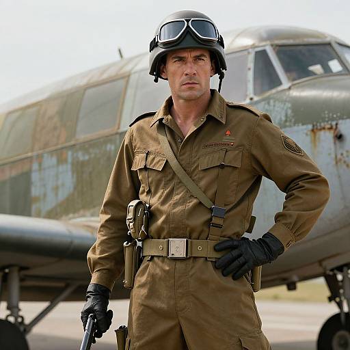 Vintage Military Pilot in Front of Historic Warplane