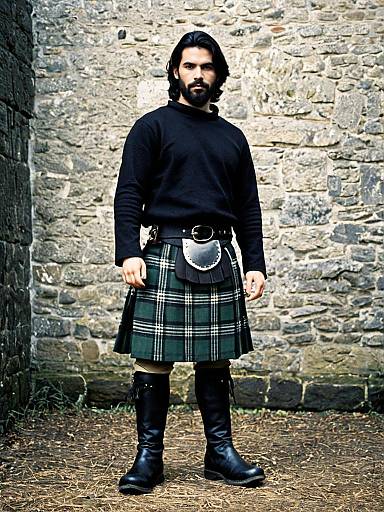 Man Wearing Medieval Green Tartan Kilt Costume with Black Boots