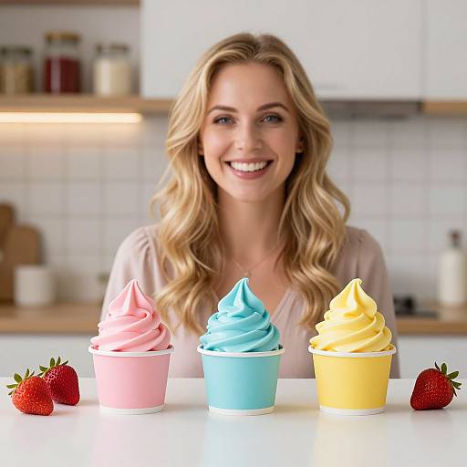 Smiling Woman with Colorful Soft-Serve Ice Cream Cups in Modern Kitchen