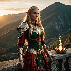 Elven Warrior Woman in Ornate Armor with Mountain Sunset Background