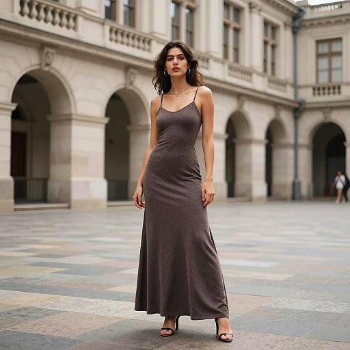 Elegant Woman in Long Fitted Dress Standing Outside Classical Building