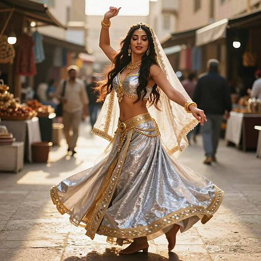 Woman Dancing in Silver and Gold Traditional Lehenga in Outdoor Market