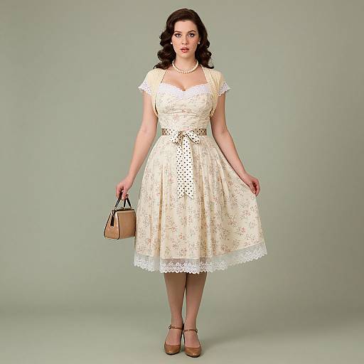 Vintage 1950s Retro Woman in Cream Floral Dress with Pearl Necklace