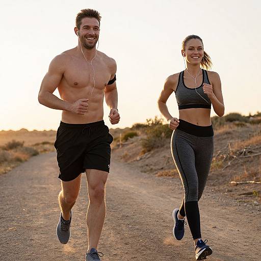 Couple Running Outdoors in Athletic Wear at Sunset