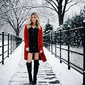 Confident Woman in Winter Fashion on Snowy Pathway