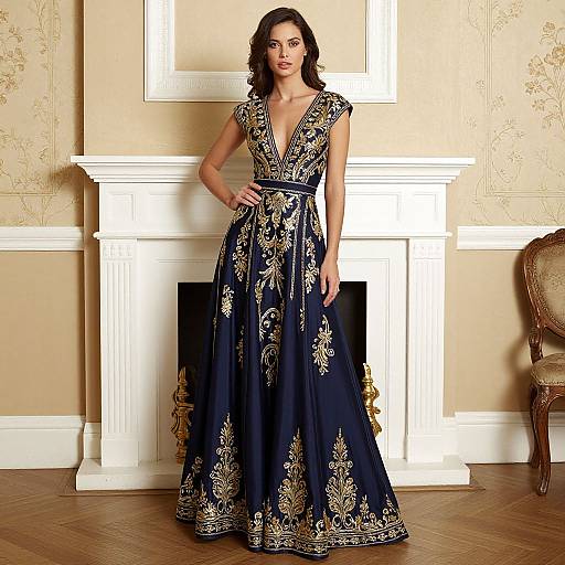 Elegant Navy Blue and Gold Embroidered Evening Gown on Woman