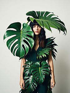 Avant-Garde Monstera Plant Costume Fashion Portrait Studio