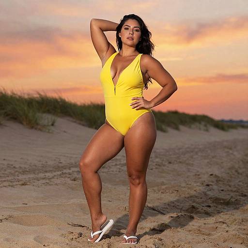 Confident Woman in Yellow Swimsuit on Beach at Sunset