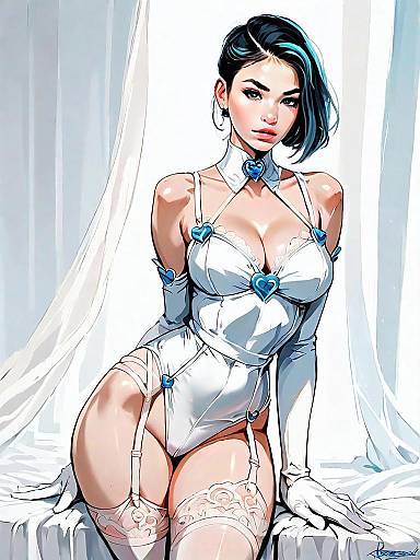 Realistic Romantic Woman in White Satin Teddy with Blue Hearts