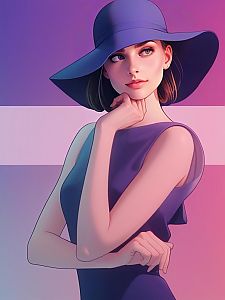 Elegant Woman in Purple Dress and Wide-Brimmed Hat