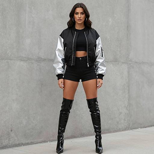 Gen Z Fashion Woman in Black and Silver Bomber Jacket and Over-the-Knee Boots